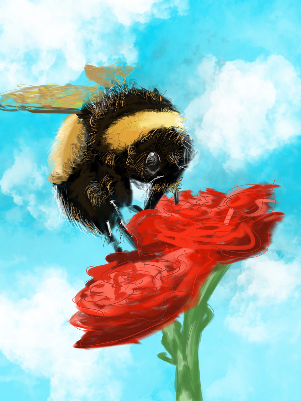 A digital illustration of a bee on a red flower, against a blue cloudy sky.