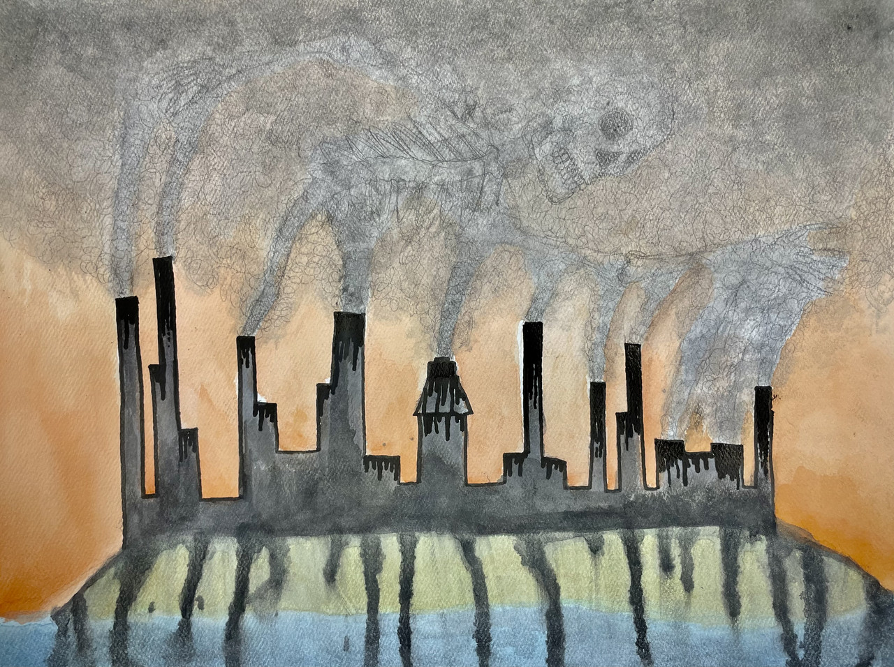 watercolor painting of factory silhouette emitting emissions that form into a skeleton