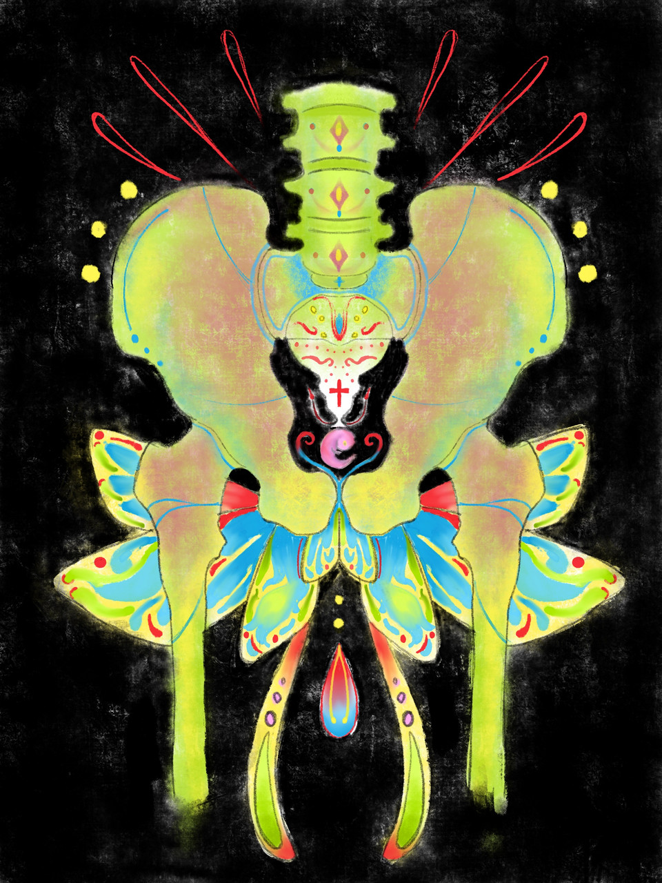 Plethora of neon green, pink, blues, and purples coloring anatomical pelvis with insect wings and antenna
