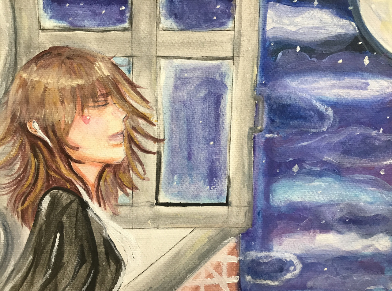 A person listening to music through earbuds facing the night sky.