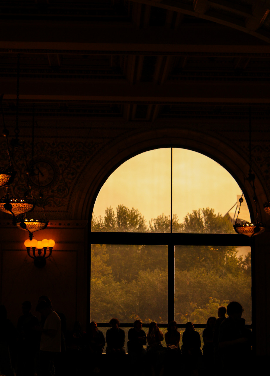 A photo taken from a dark environment indoors, showing the silhouettes of a line of people against a window that gives a view to trees outside.