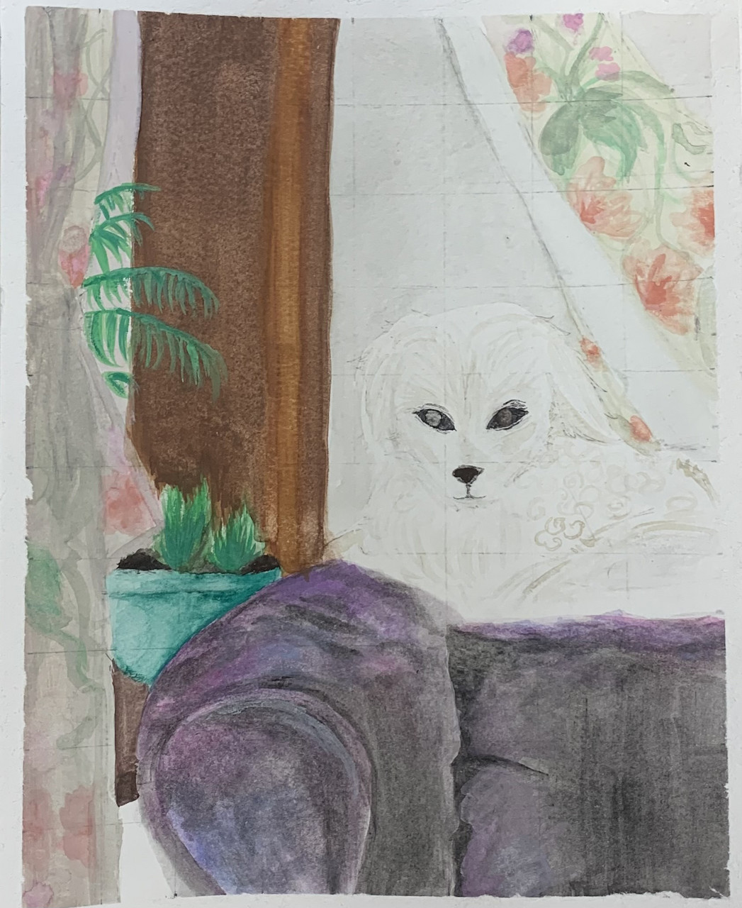 White dog sitting on couch in front of curtain and window