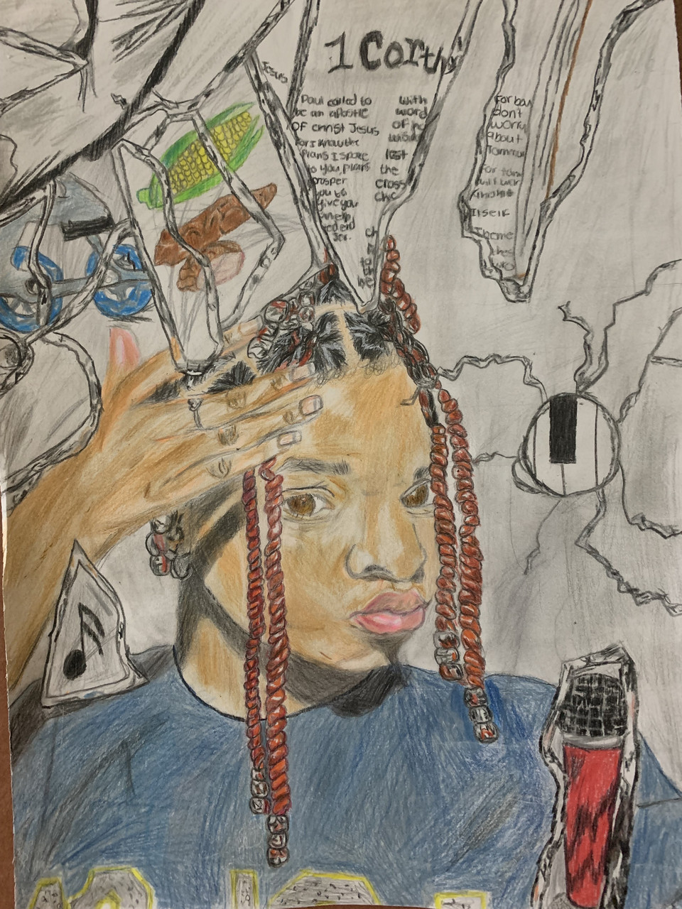 drawn portrait of young girl looking into shattered mirror with fragments of paint keys, mic, musical notes, food.