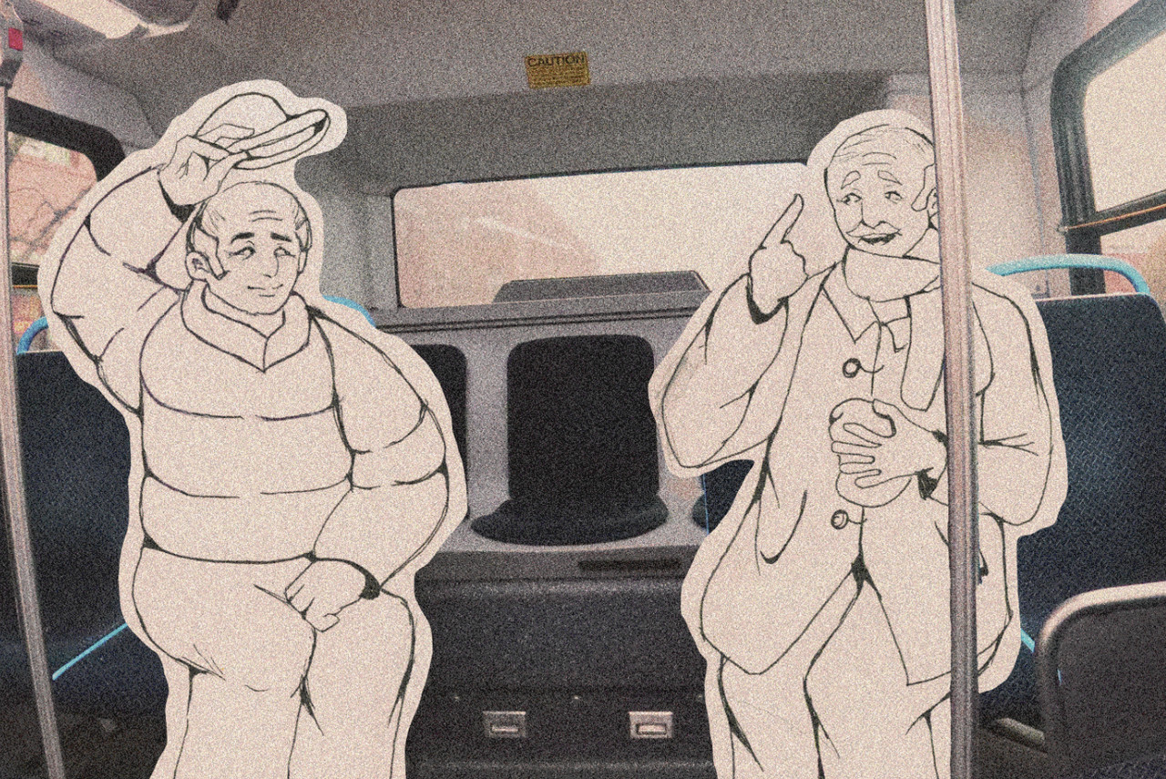 Two old men sitting on a CTA with a grainy filter over top