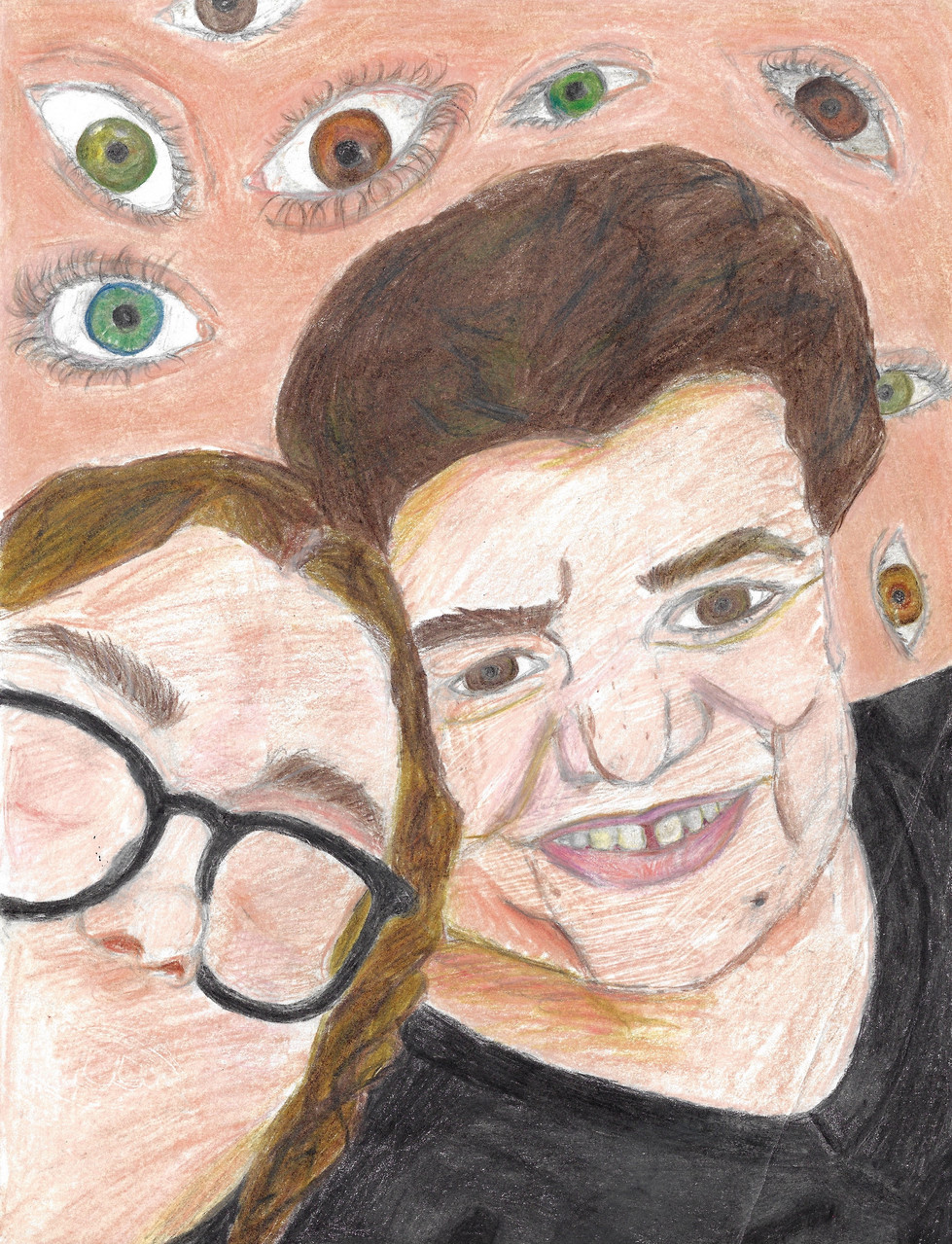 A drawing in colored pencil of a kid and their grandparent, eyes surrounding them in the background.