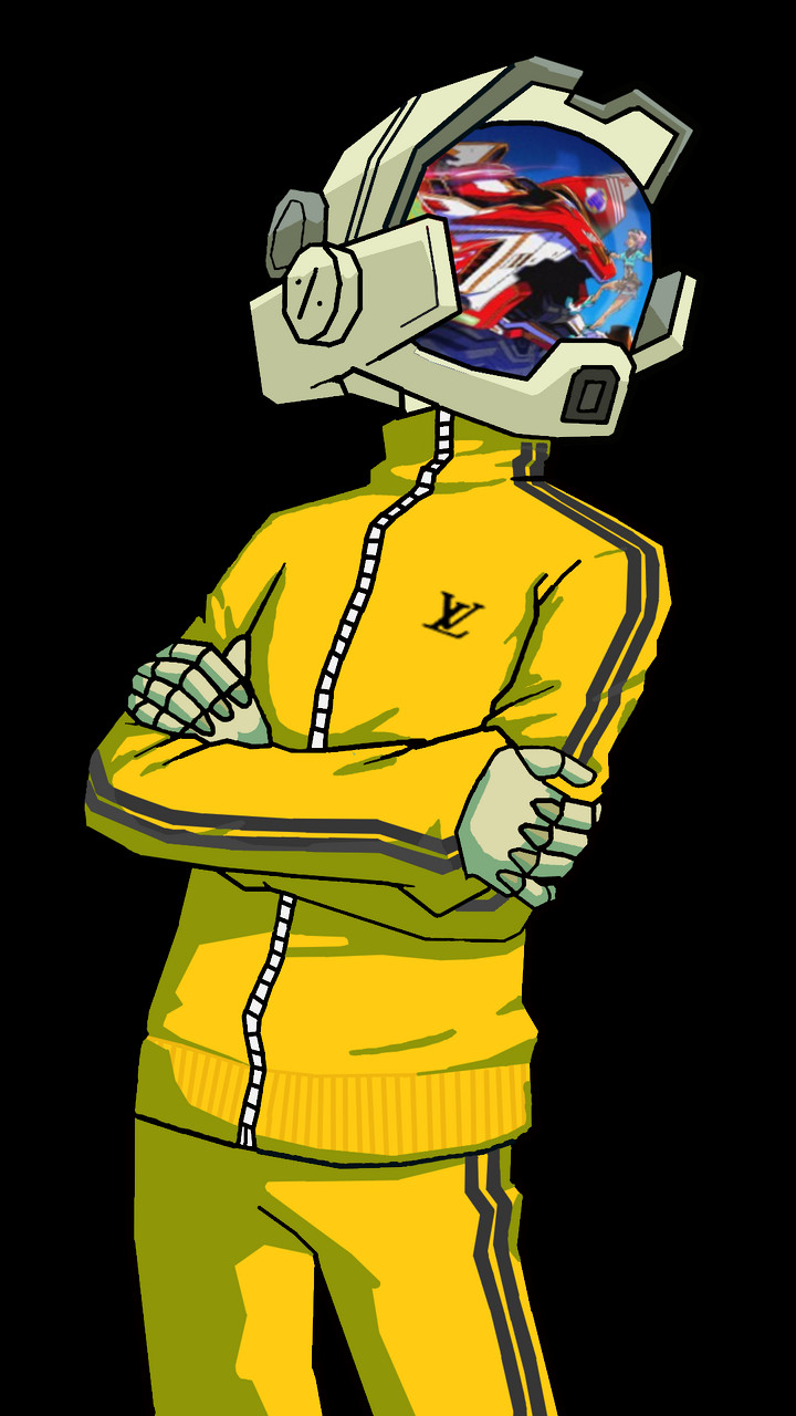 Digital drawing of a person with a yellow jacket and a helmet with imagery inside it.