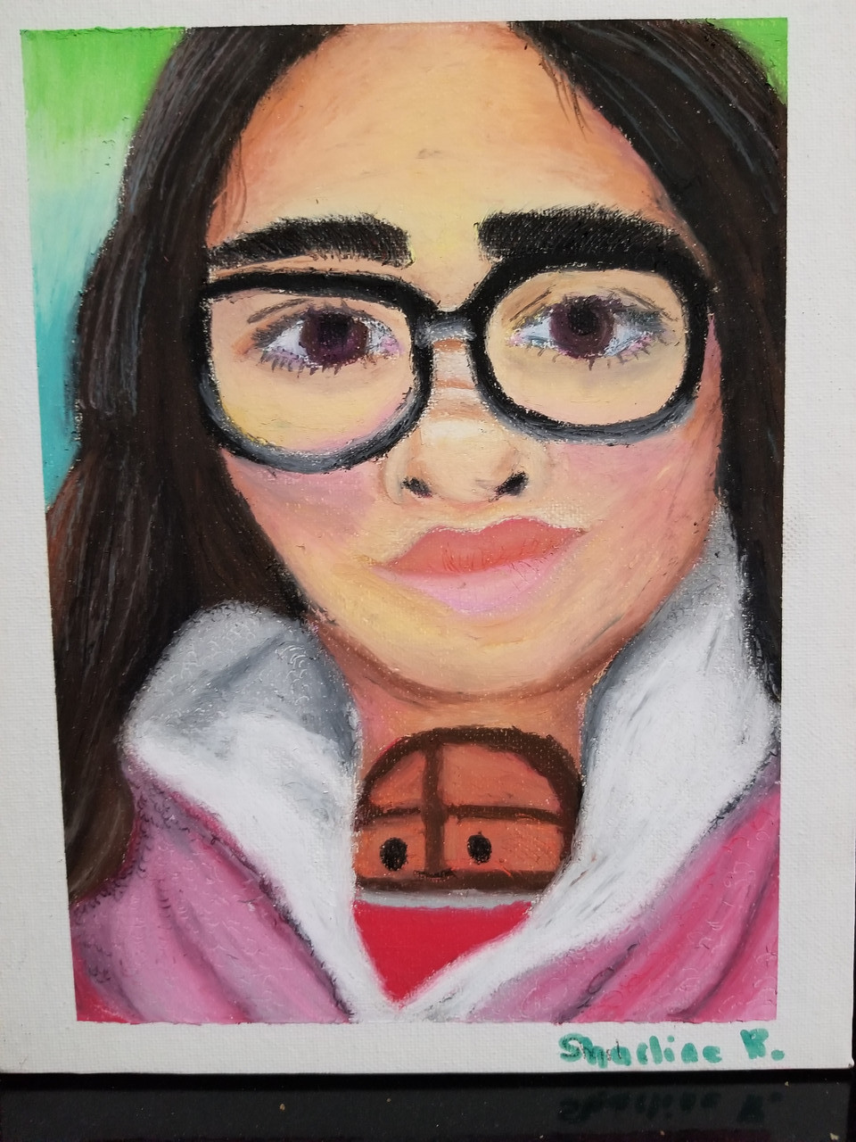 oil pastel painting of young girl with glasses