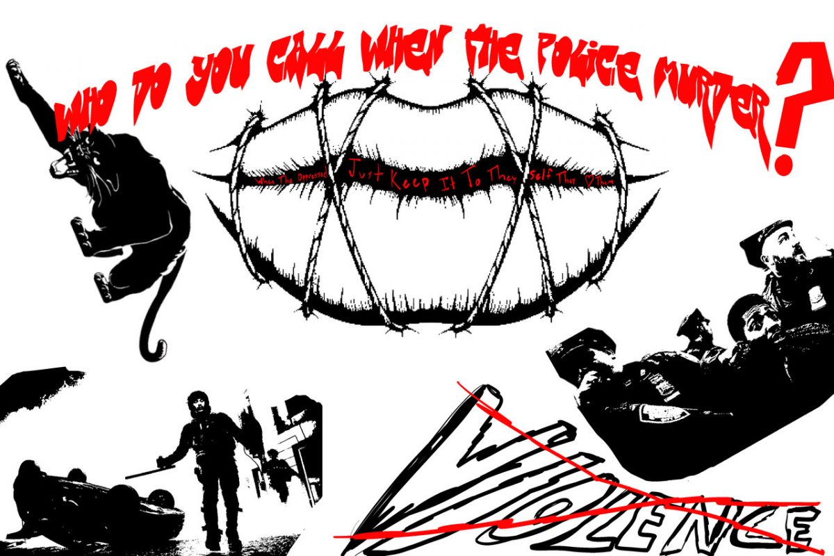 A juxtaposition of different words and imagery relating to the police in black, white, and red.
