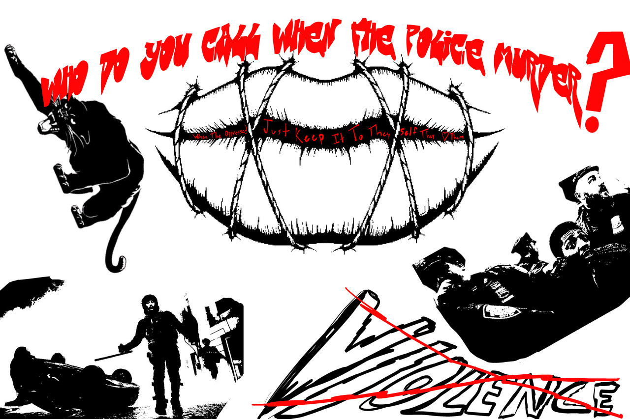 A juxtaposition of different words and imagery relating to the police in black, white, and red.