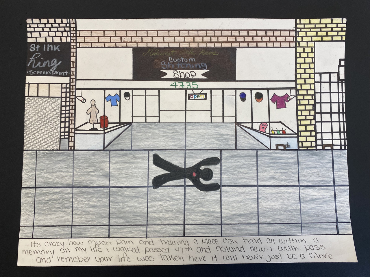 A drawing of shops on a street, with a person figure lying on the ground with a red circle on their chest.