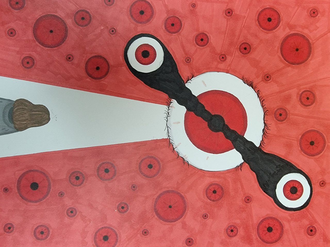 Disembodied eyes populate a red background with a spotlight focused on a small human figure