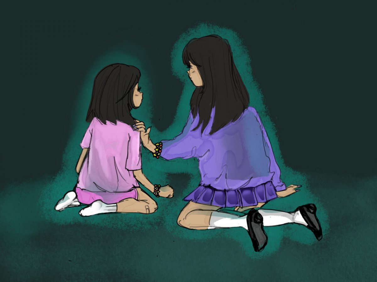 Digital painting of two girls with their back to us, one older in purple and one younger in pink.