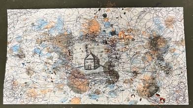 Spots, lines with a white background and a house in the middle.