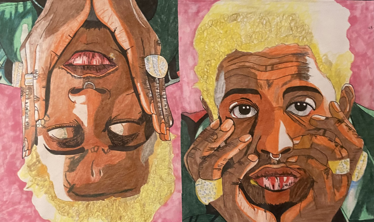 Rapper Young Thug on two sides of the paper, one side he is upside down