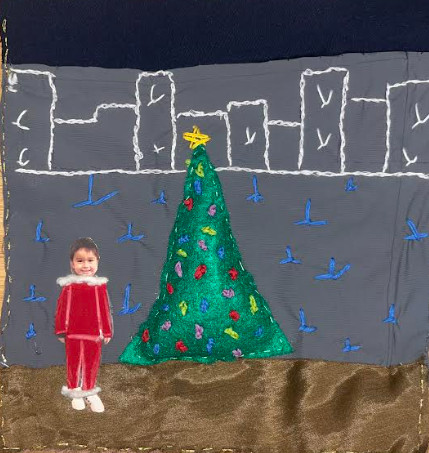 Grey skyline, Christmas tree with elf.