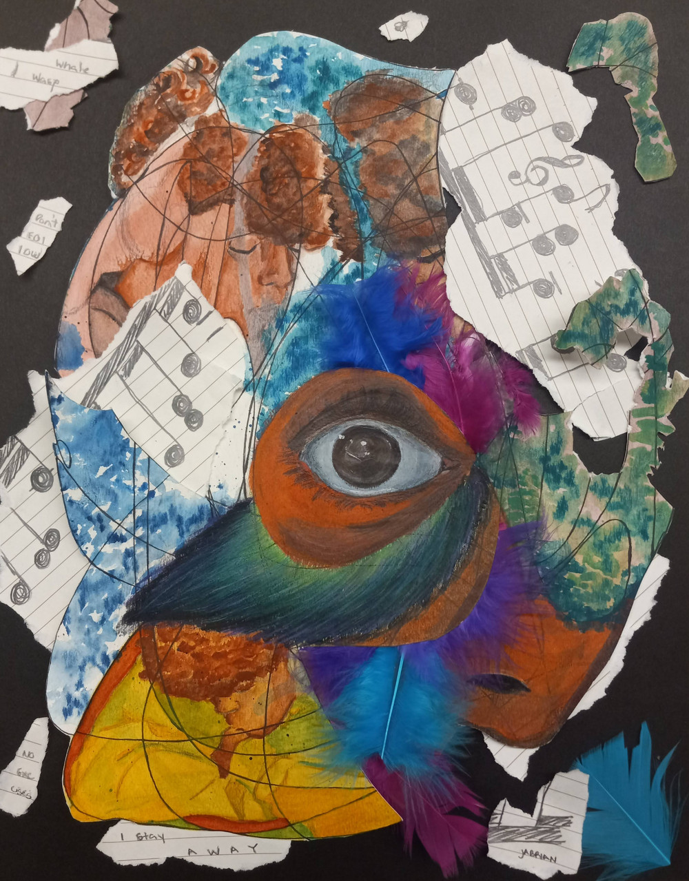 Mix of music notes, feathers, scribbles with an eye in the center