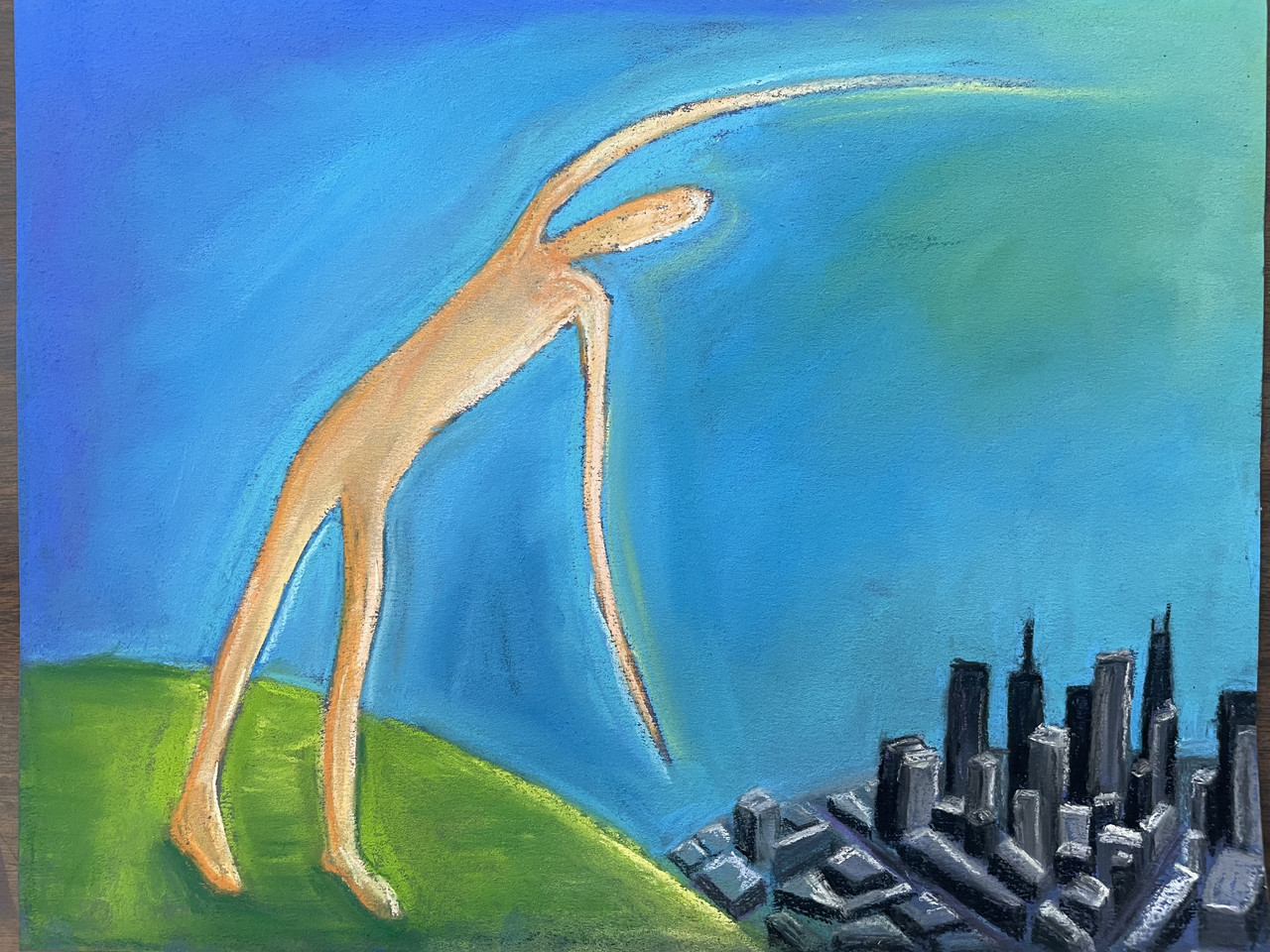 Tall figure curing with city.