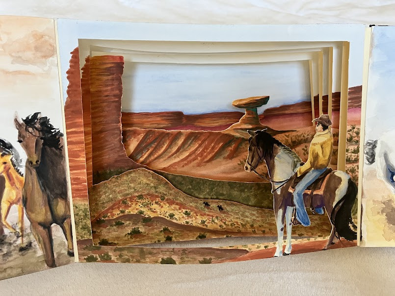 Collage work of a desert and horses with cowboys.