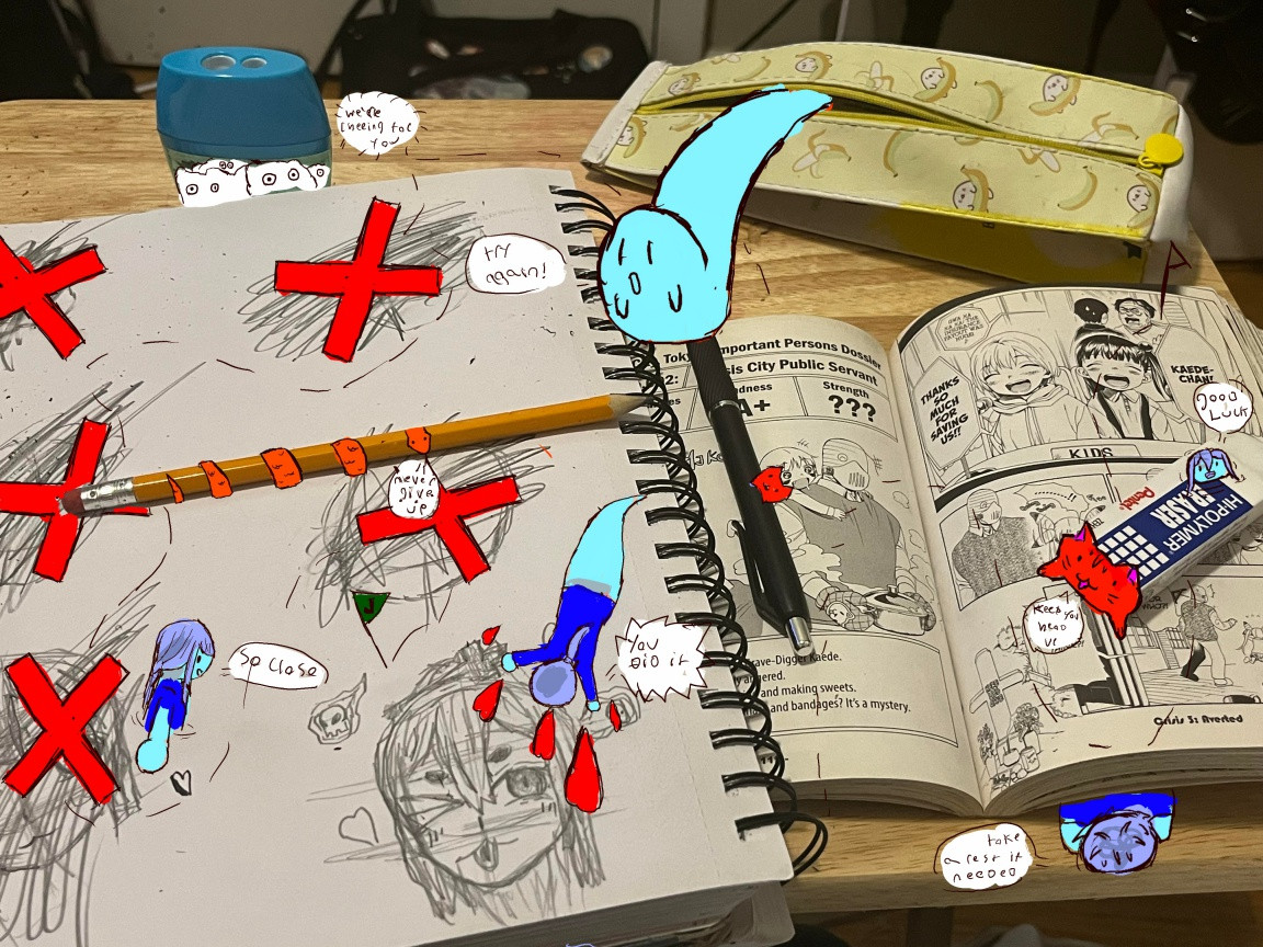 Digital elements drawn on top of a photo of a sketchbook with drawings next to a manga novel.
