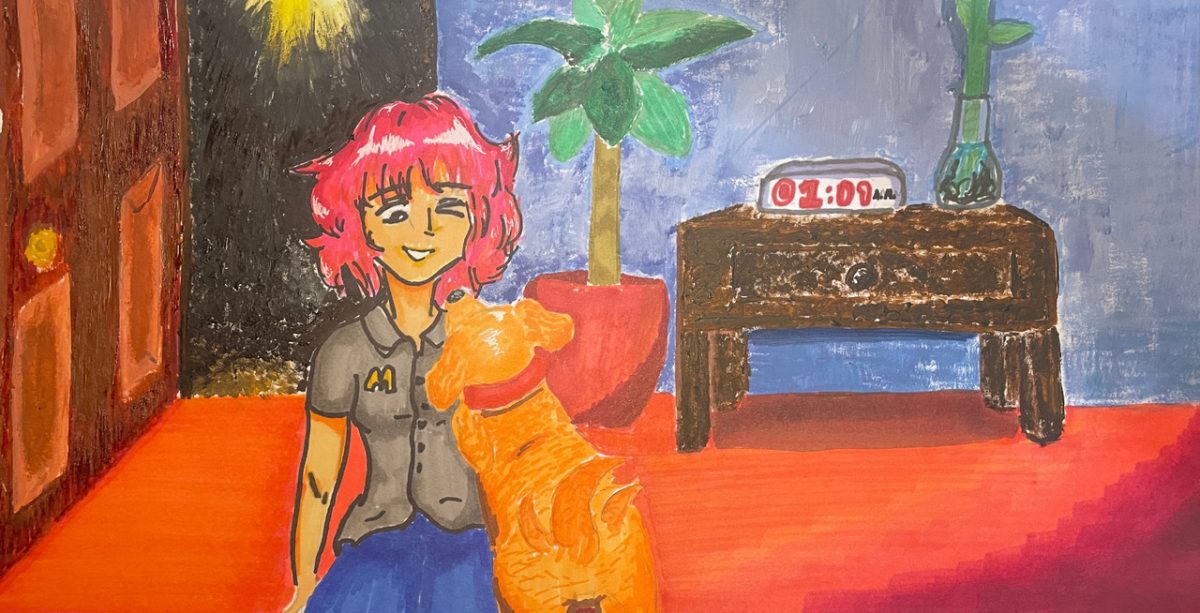 Orange room with gril and orange cat.