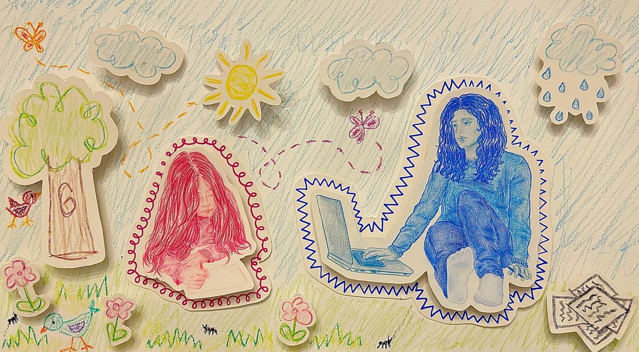 Paper cut out of pink and blue girl