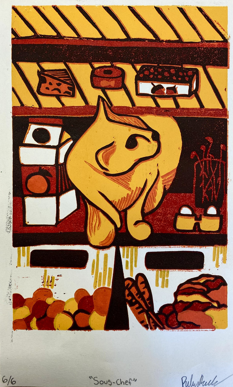 Bright yellows, oranges, reds, and blacks used to show a cat sitting amongst different ingredients.