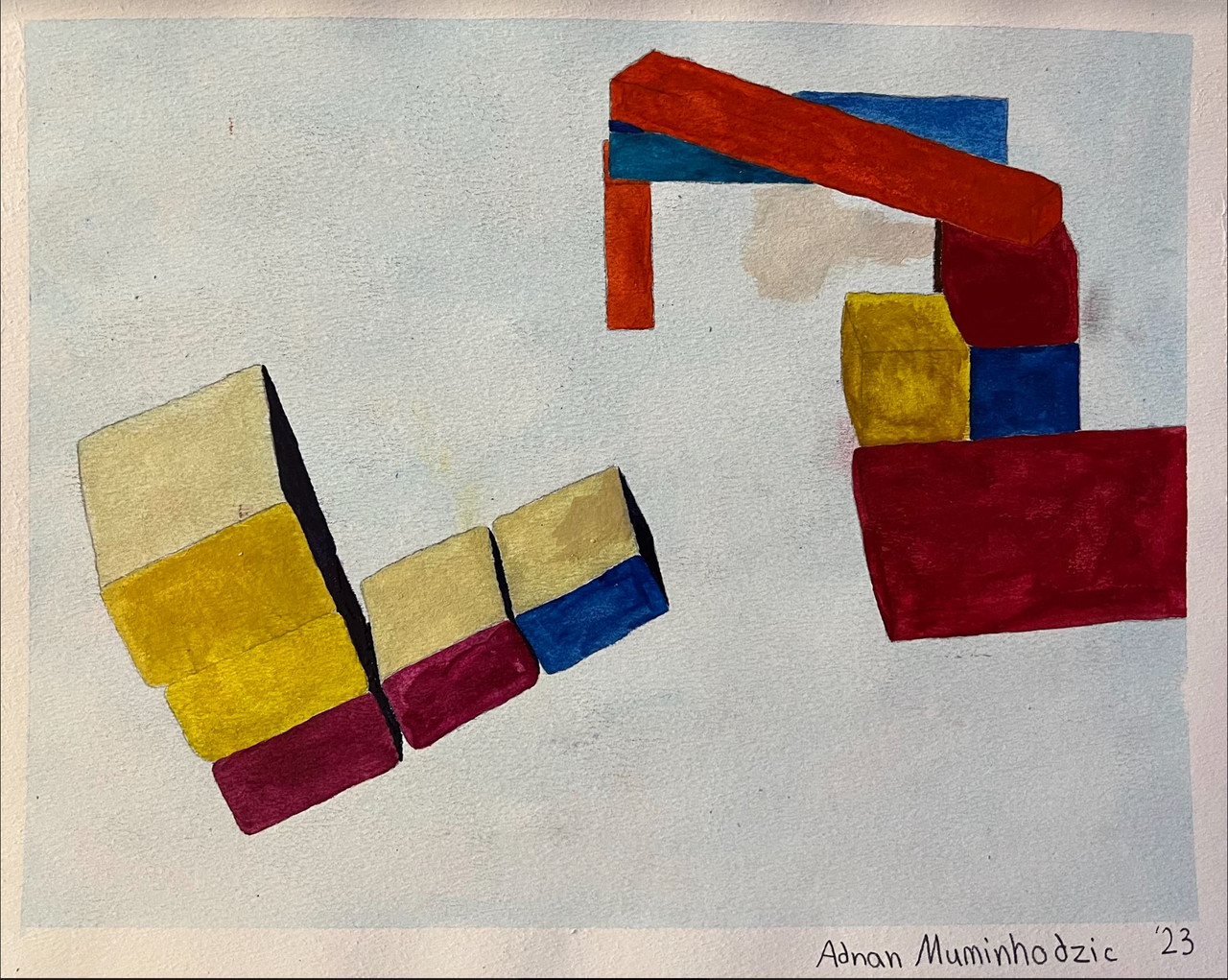 Abstract blue, yellow, and red cubes stacked on one another