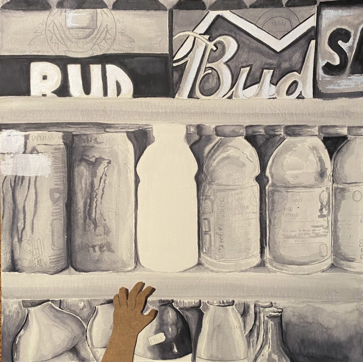 A young hand reaching towards a blank white drink amongst detailed black and white renderings of different drinks.