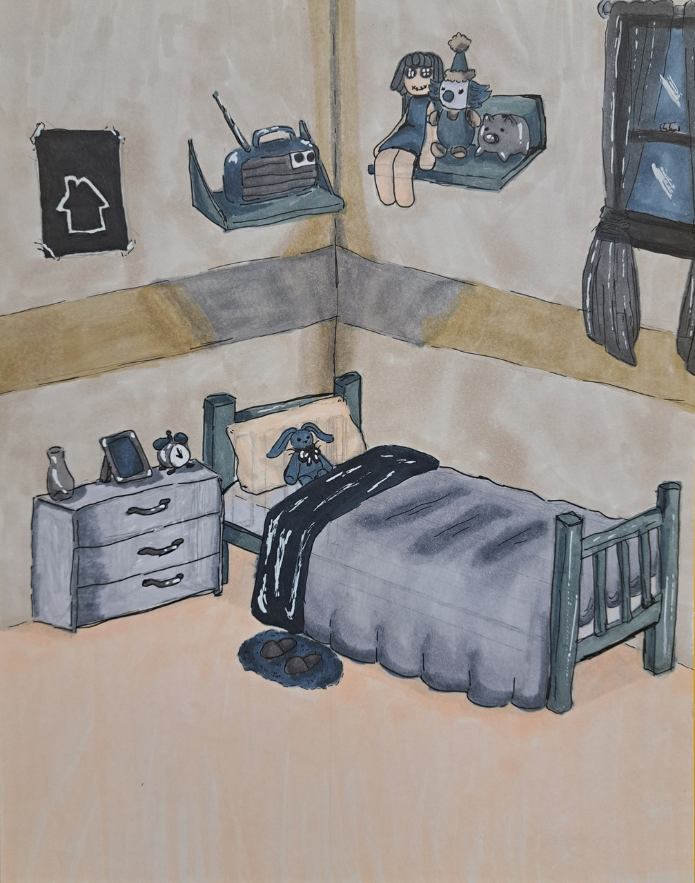 Blue tones of a bedroom with toys