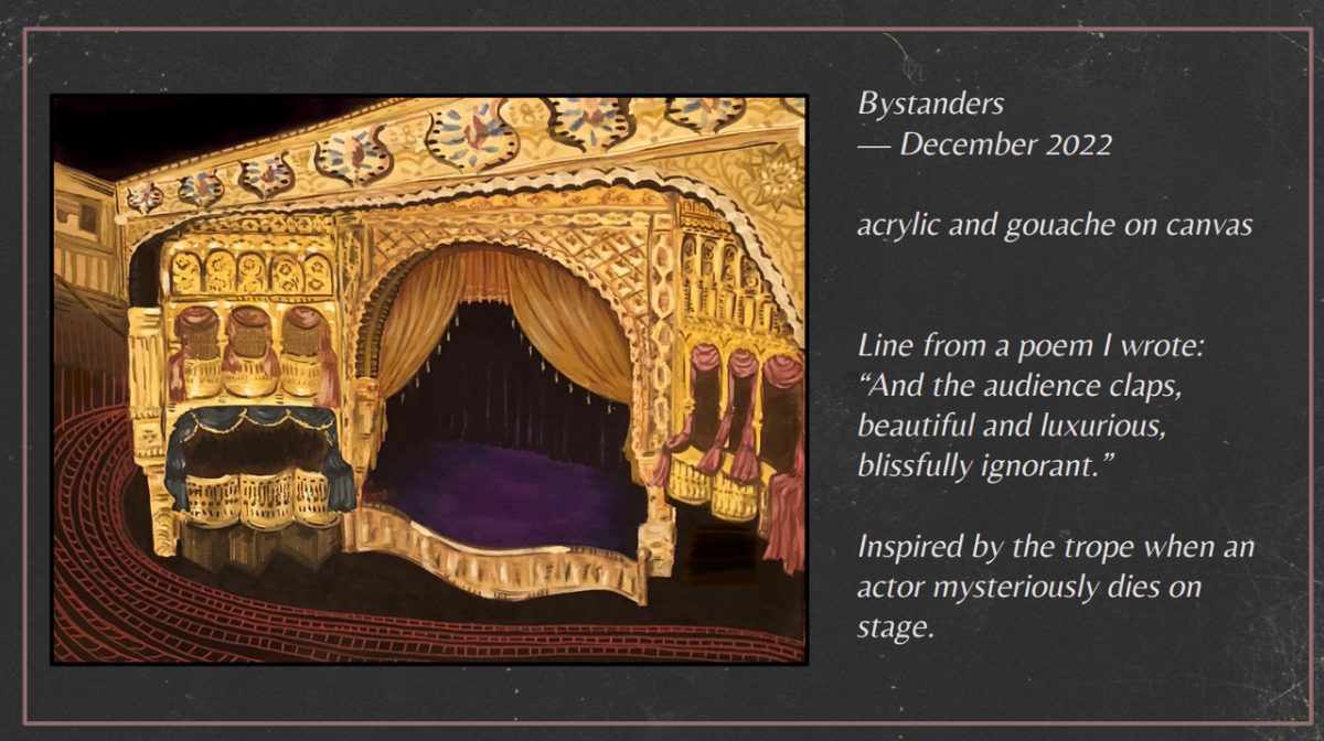 A golden decorated stage painted with acrylic and gouache.