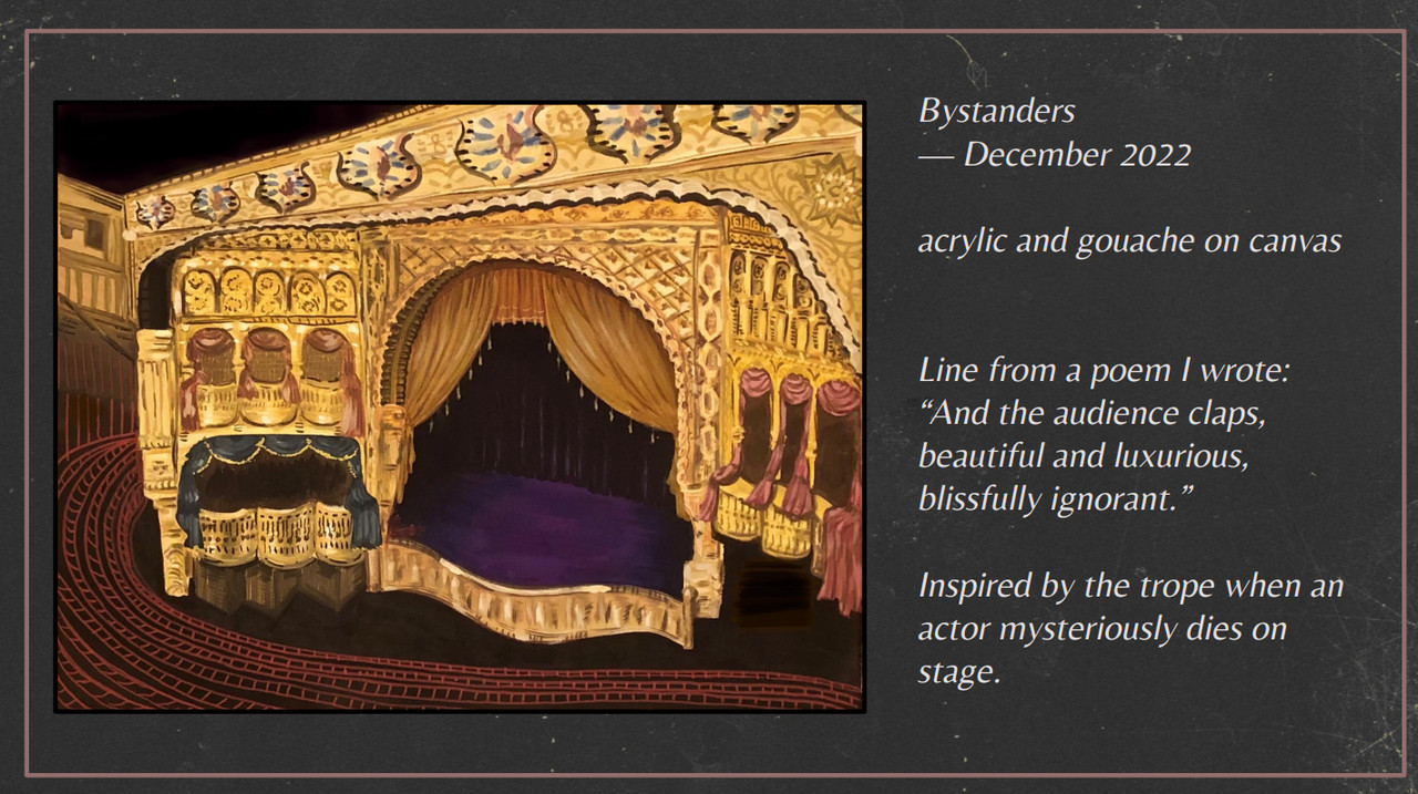 A golden decorated stage painted with acrylic and gouache.