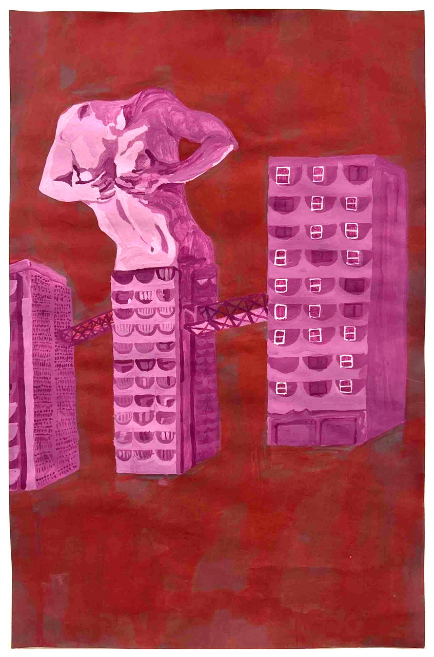 Set of 3 apartment complexes with a human female torso coming out of the top of the second building. Al in a monochromatic red color scheme