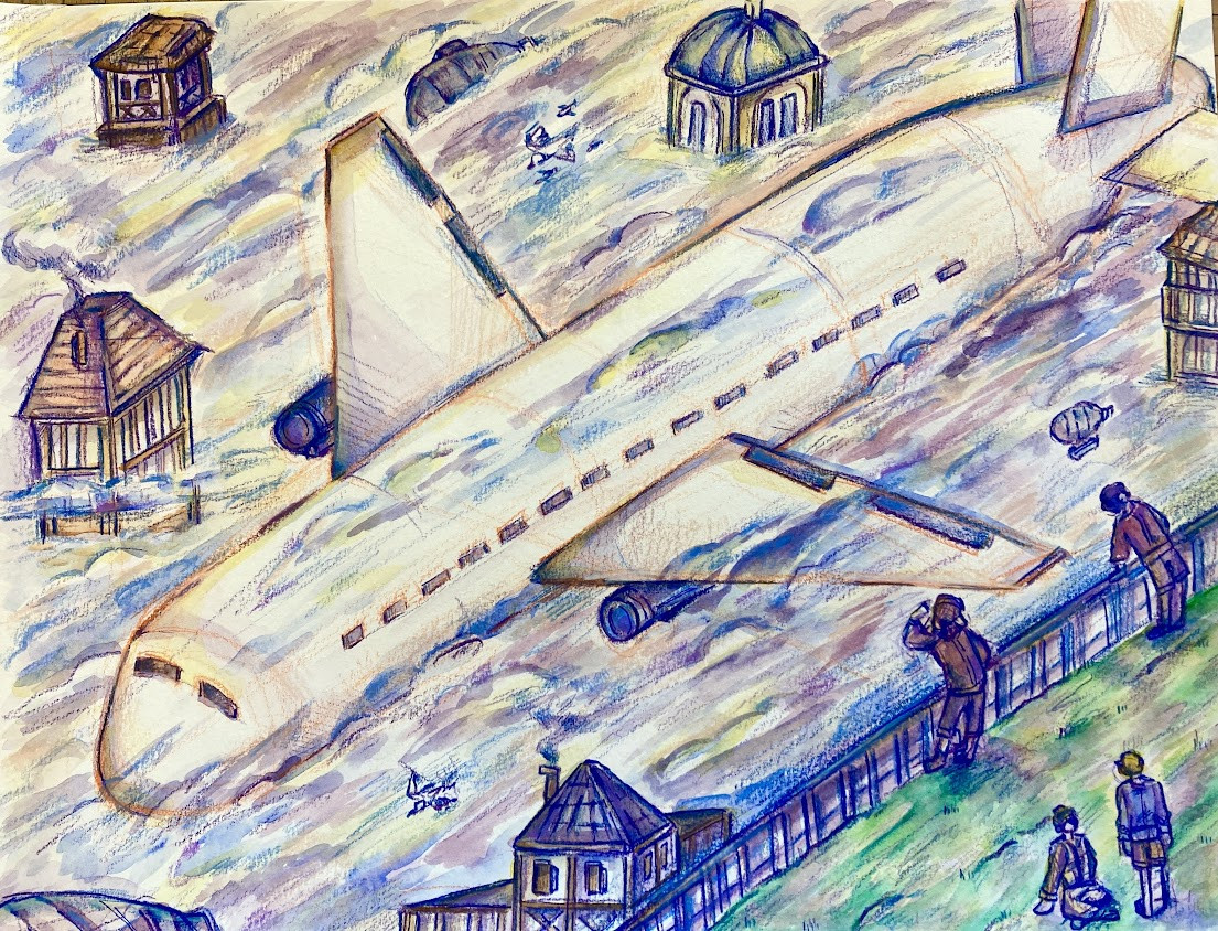 Airplane flies through clouds with buildings peering through and people pointing down at the plane