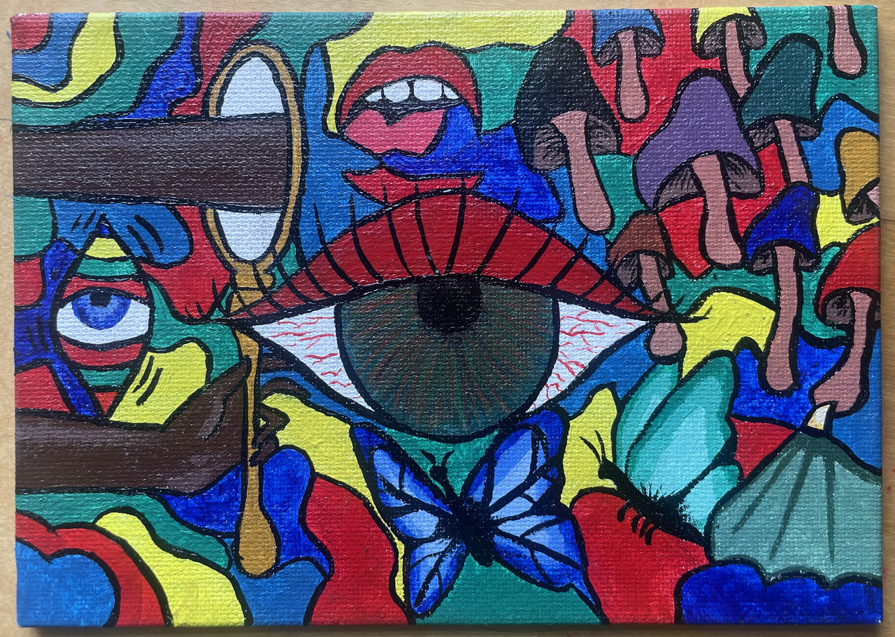 Eyeball with mushroom, butterfly and mouth piece.