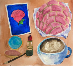 Loteria card, pan dulce, with coffee and makeup.