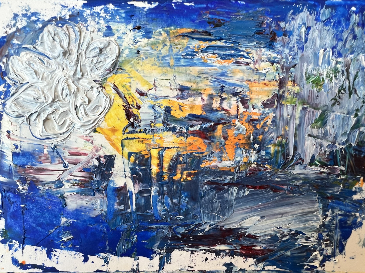 Thick paint of blues and yellows with white clouds