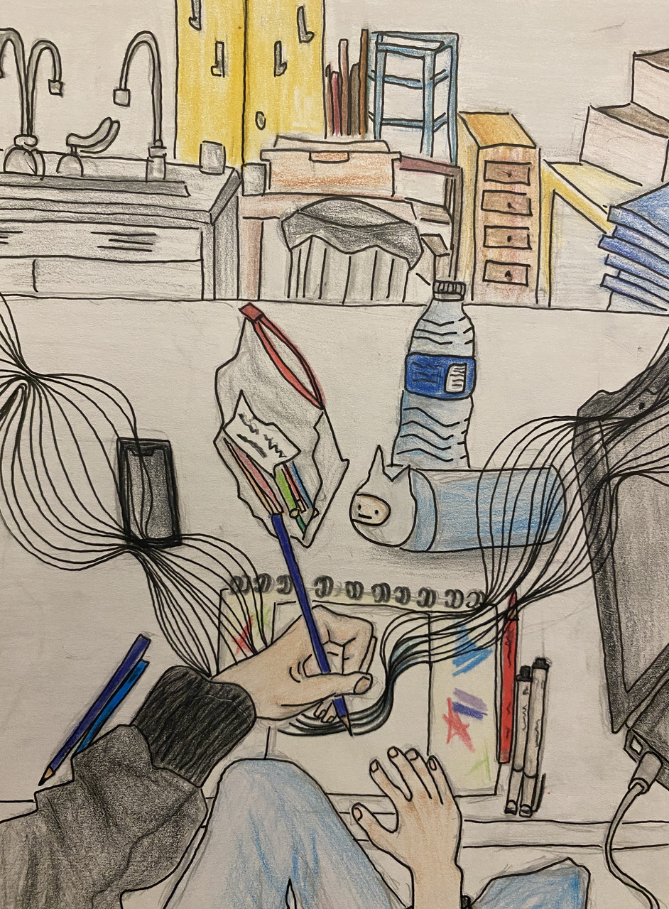 Drawing with color pencil with several items in a room