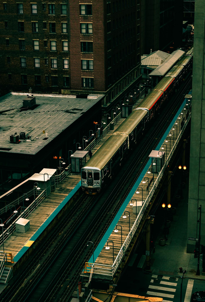 Train line with buildings from above view