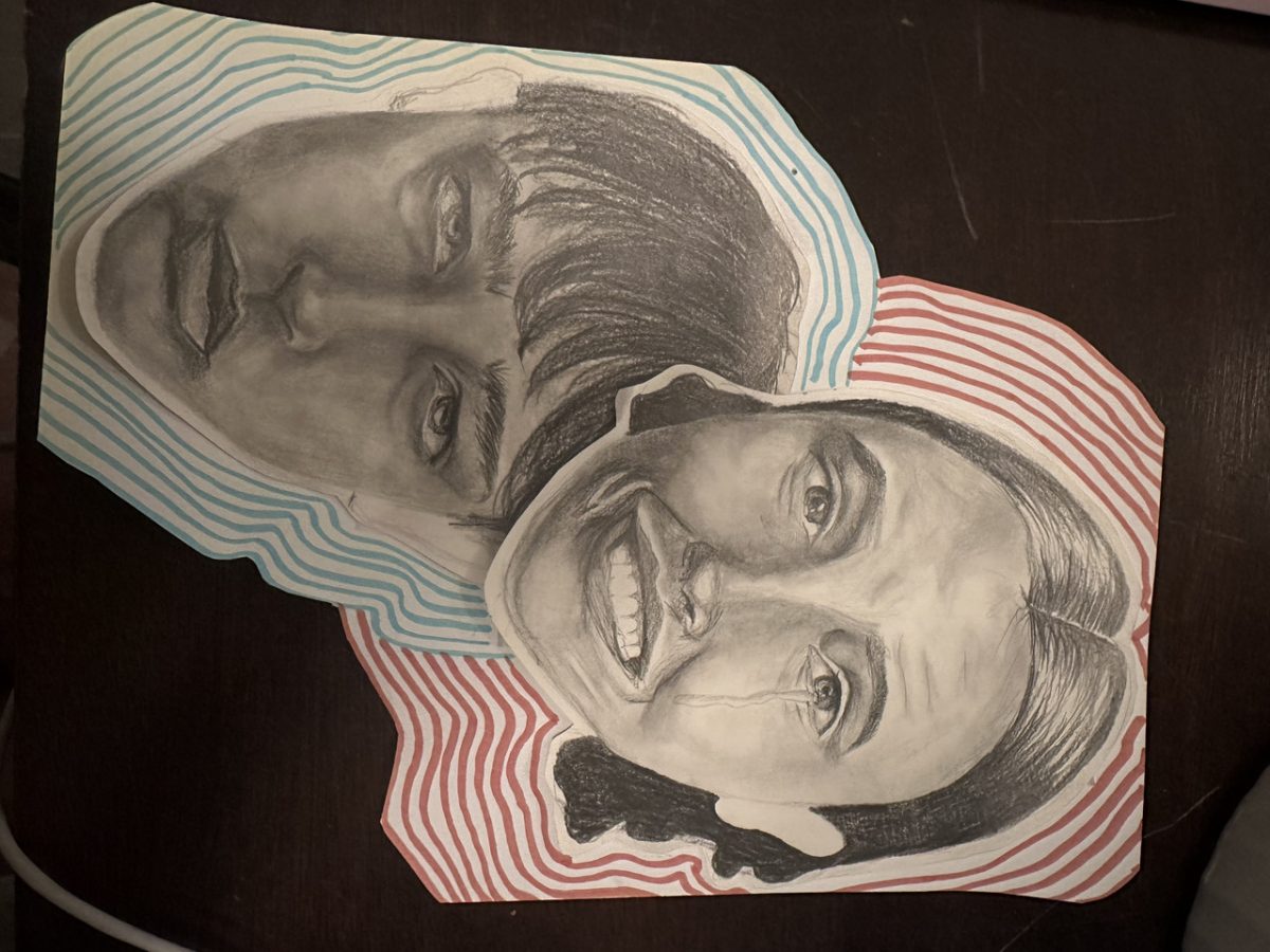Two faces on line work and dark background