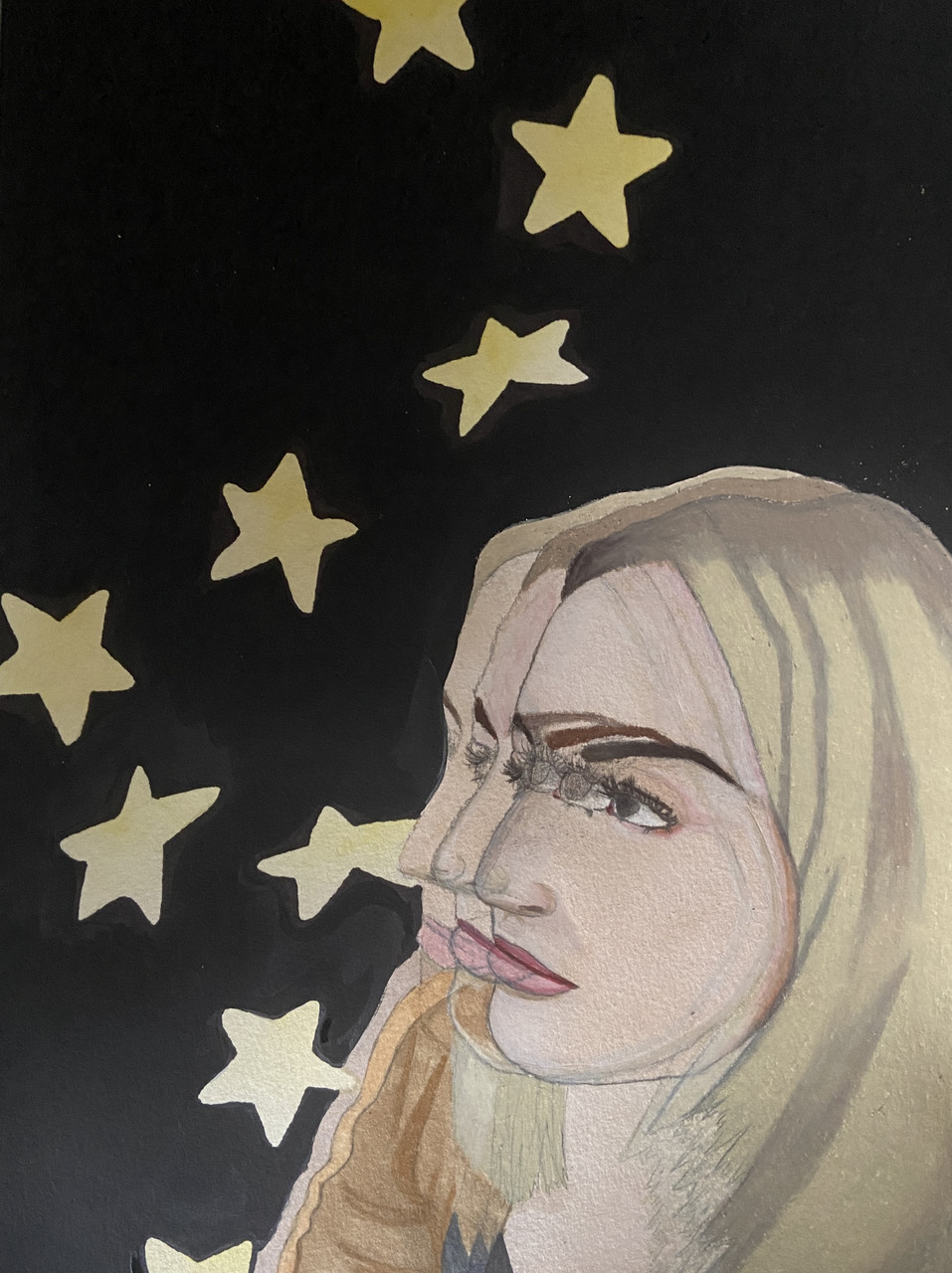 Girl with black background with stars.