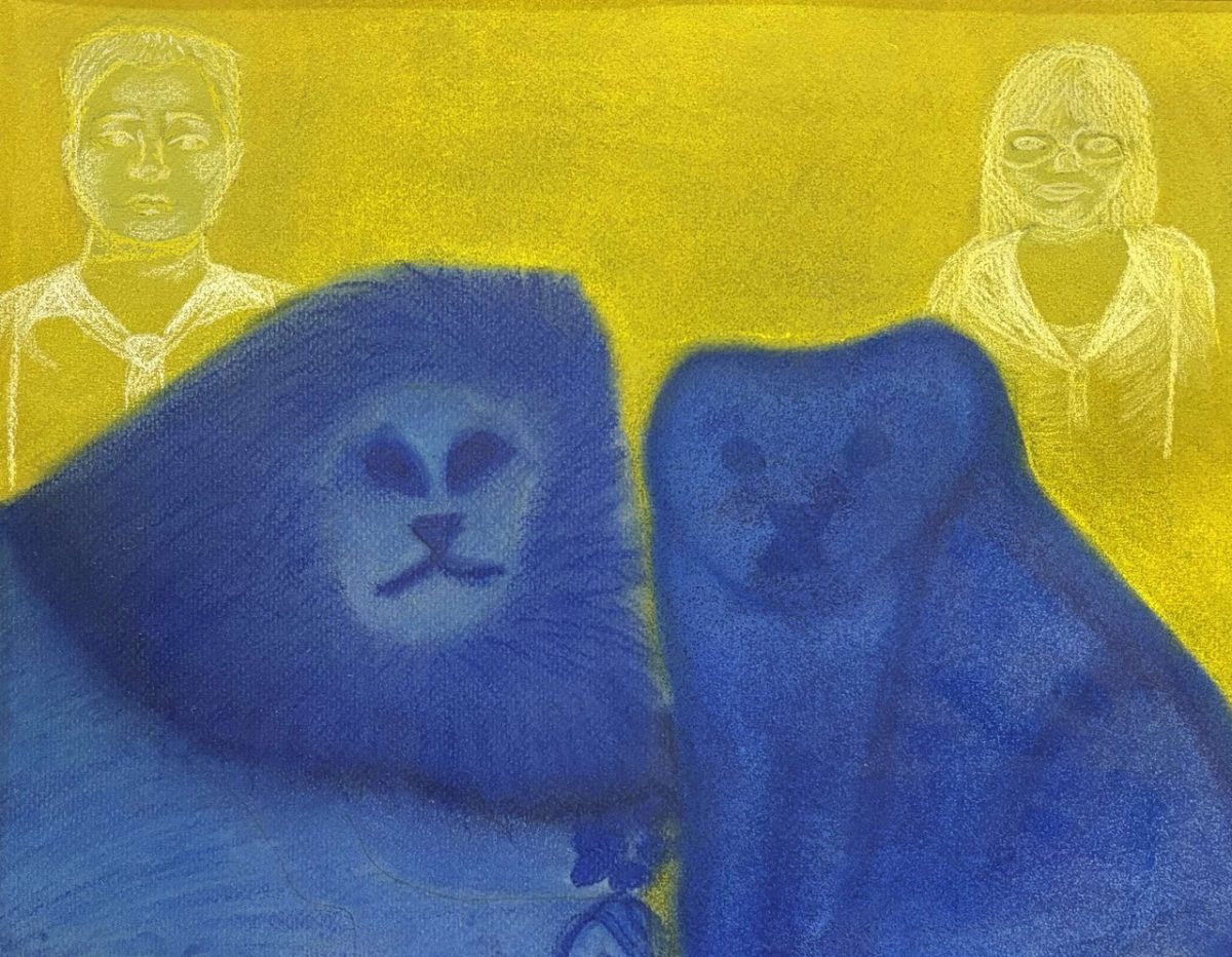 Two blue lions on a yellow background with human figures behind them