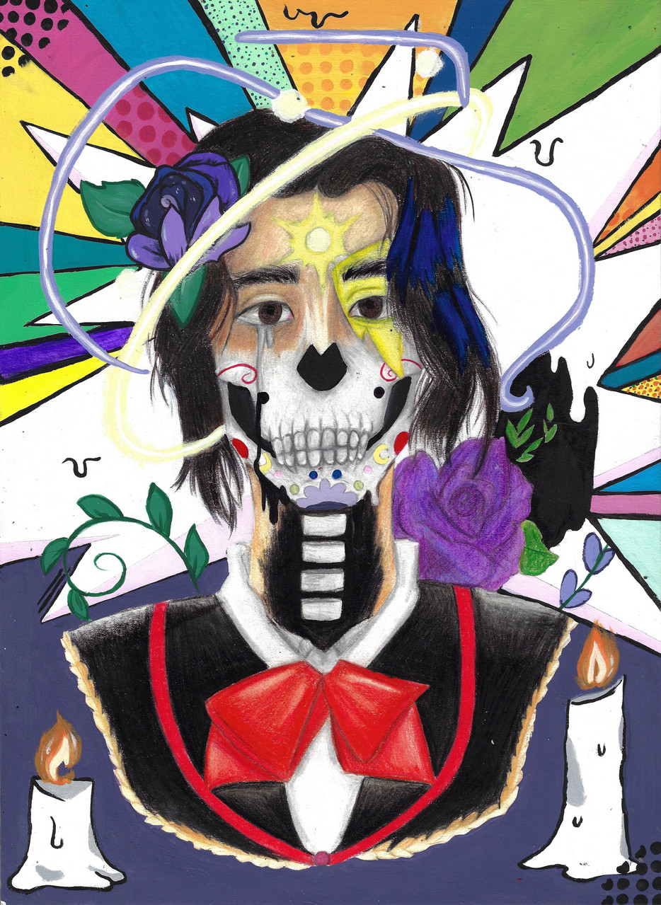 Skull like figure in suit and red tie wearing hat, surrounded with flowers and pops of colors.