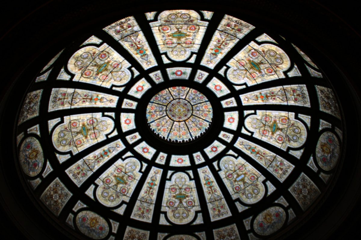 A photograph of an ornate Tiffany dome from below