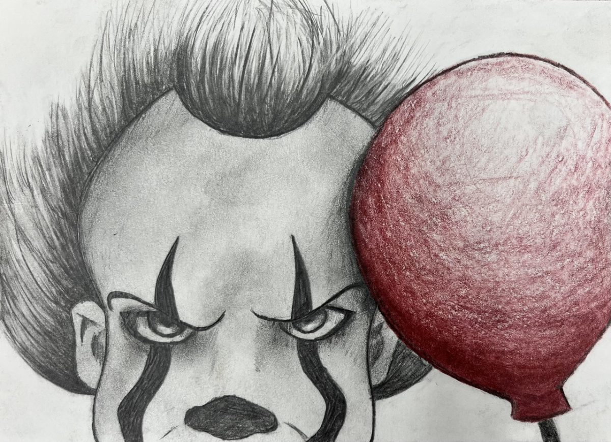 Drawing of a clown with a red balloon