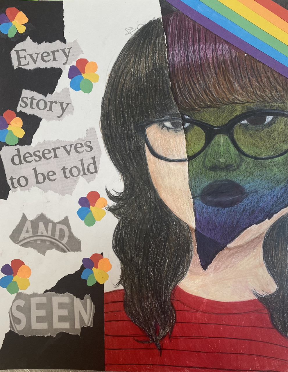mixed media collage girl glasses color