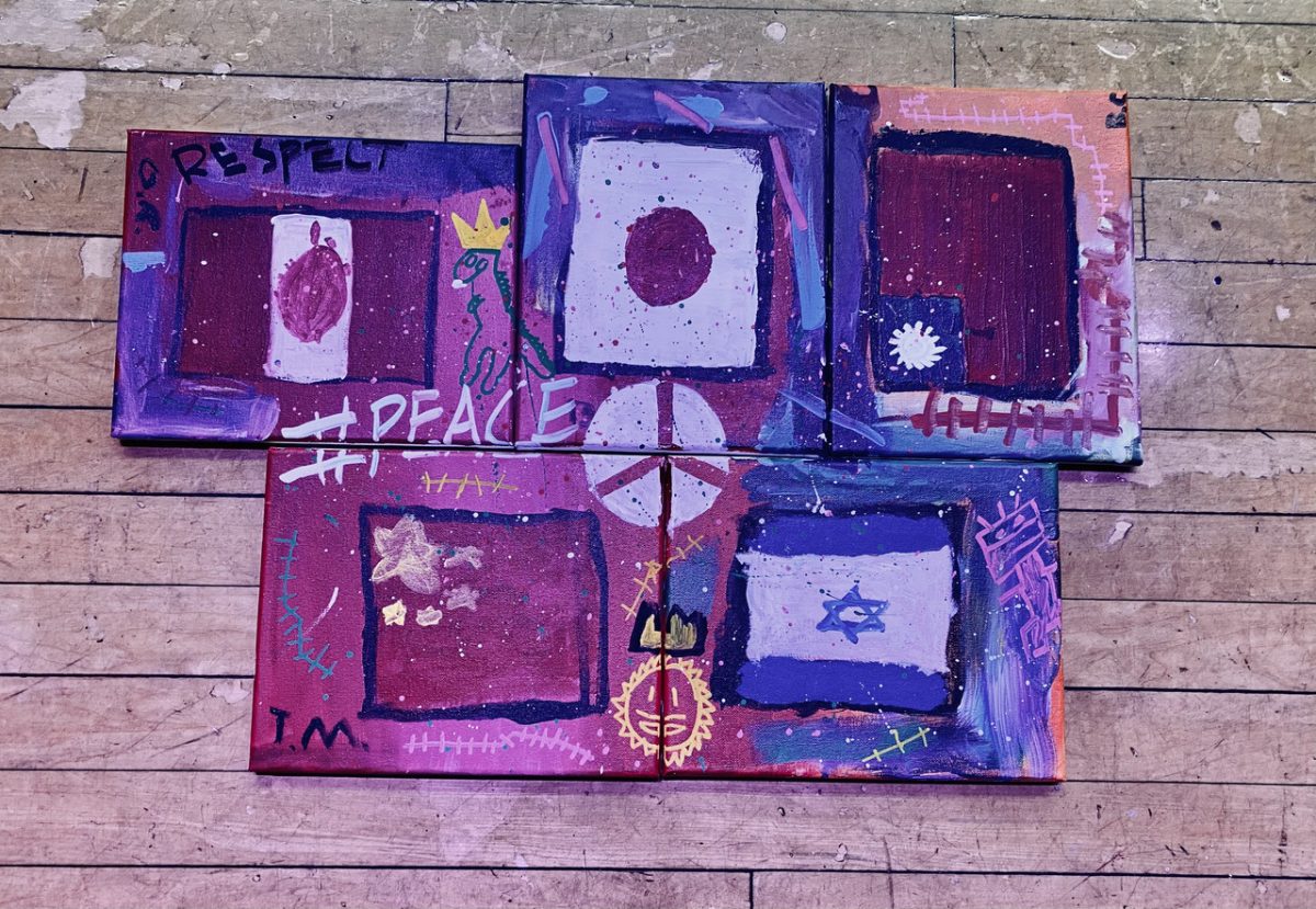 Purple canvas that says # peace. Many countries' flags are drawn around a peace sign.