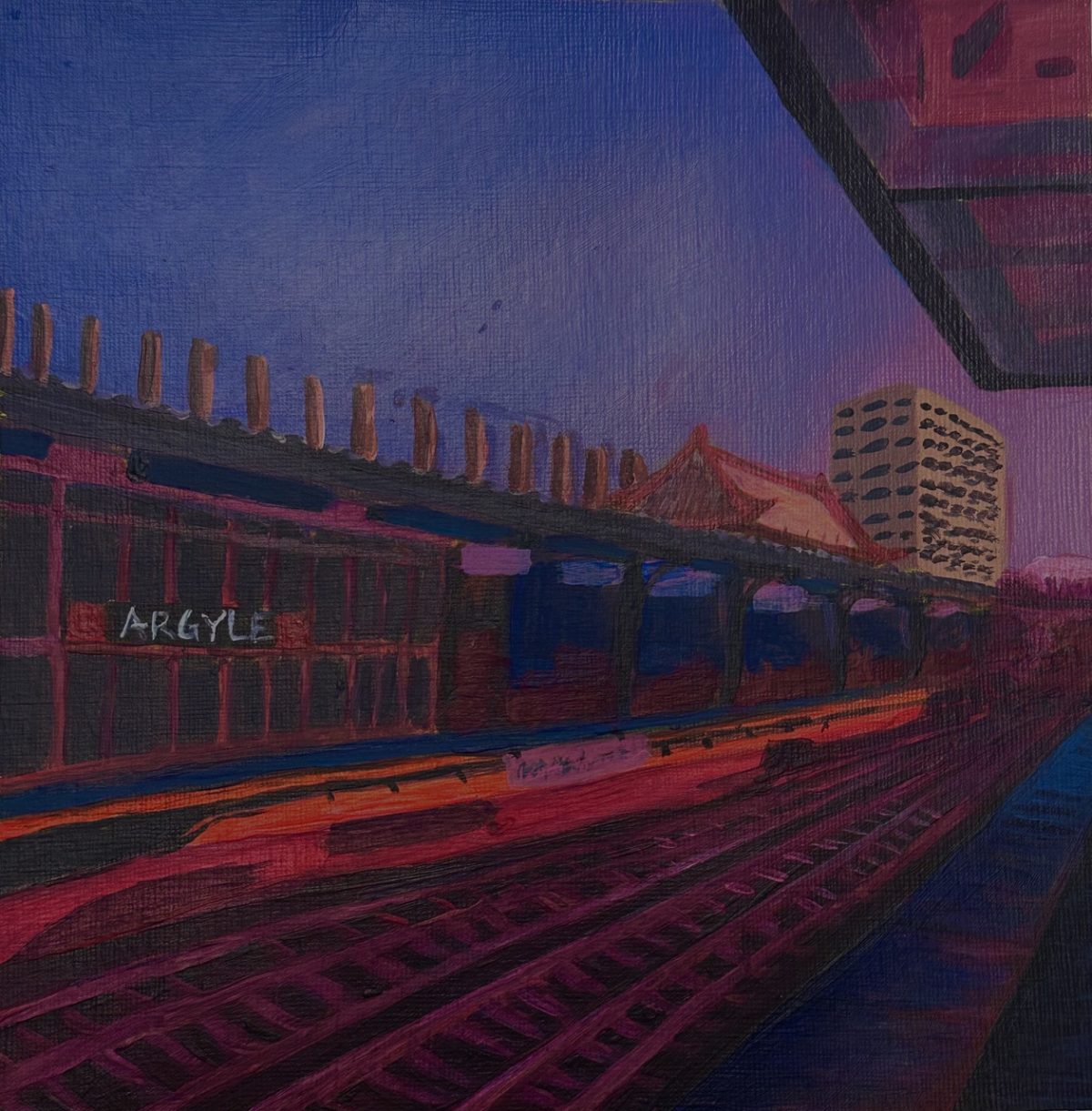 Sunset blankets the Argyle stop with orange, deep purple and blue hues