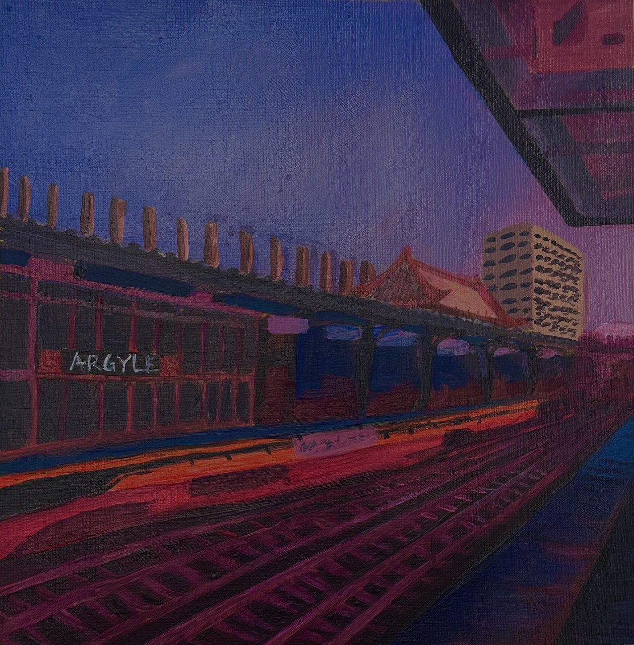 Sunset blankets the Argyle stop with orange, deep purple and blue hues