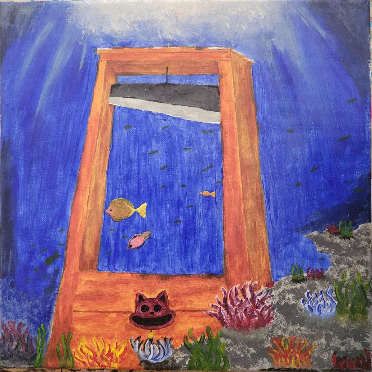 Guillotine underwater with a Chesire-esque cat on the front. Coral and seaweed are clumped in the foreground