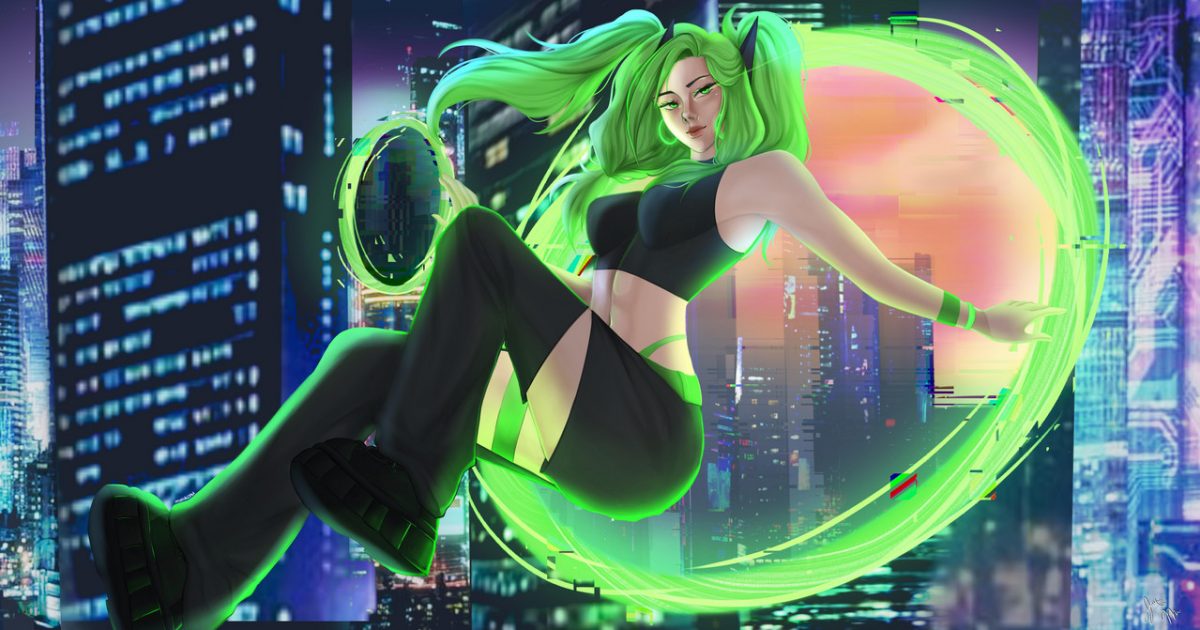digital art green girl city
